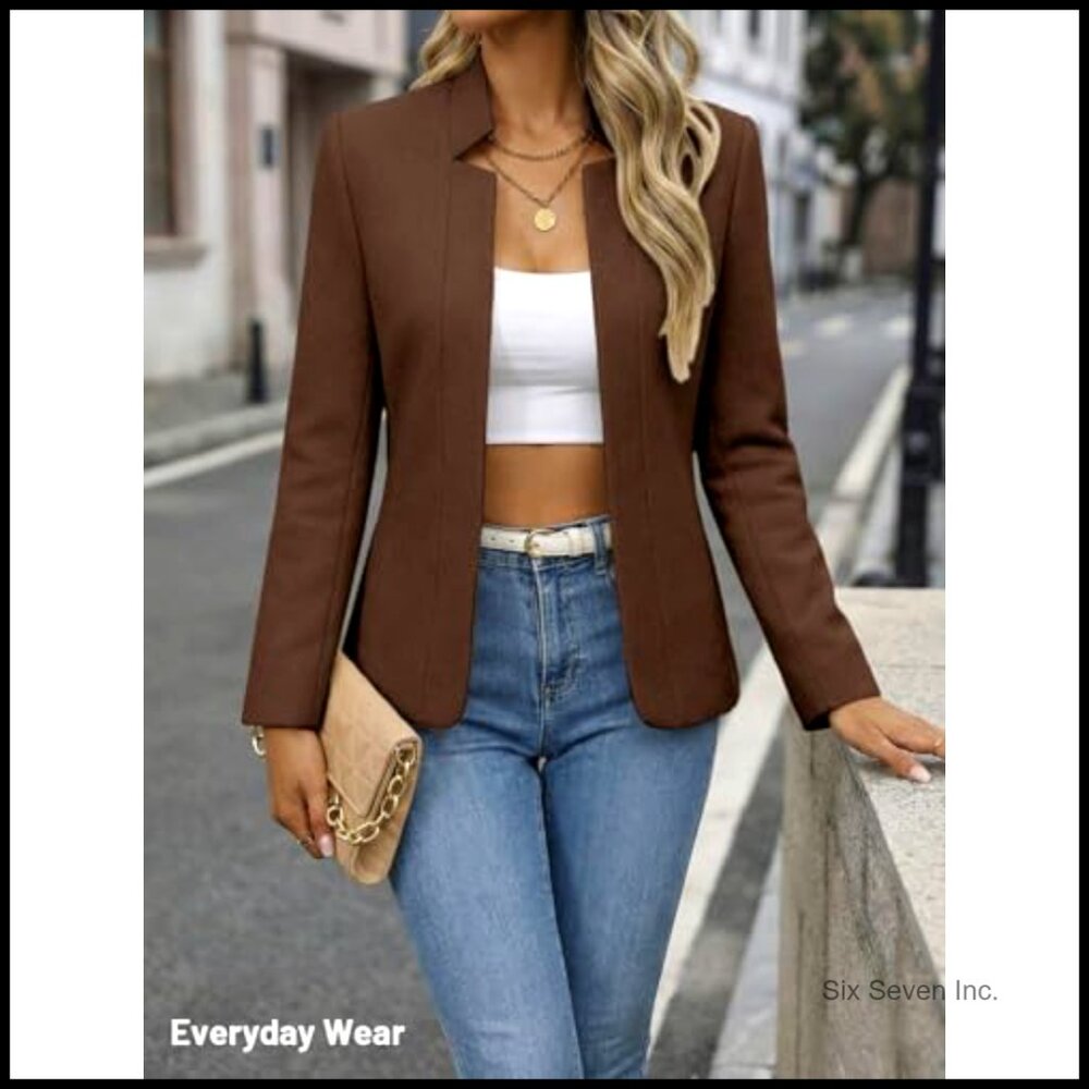 Wool Blend Tweed Plaid Blazer Jacket Open Front Stand Collar Casual Work Office - Picture 2 of 7